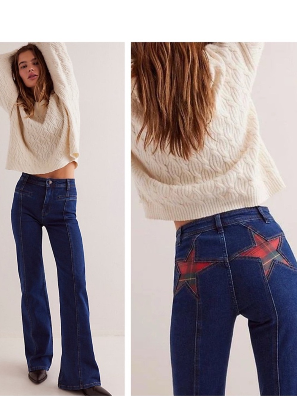 Free People Dark Blue Flare Jeans with Red Star Back Detail